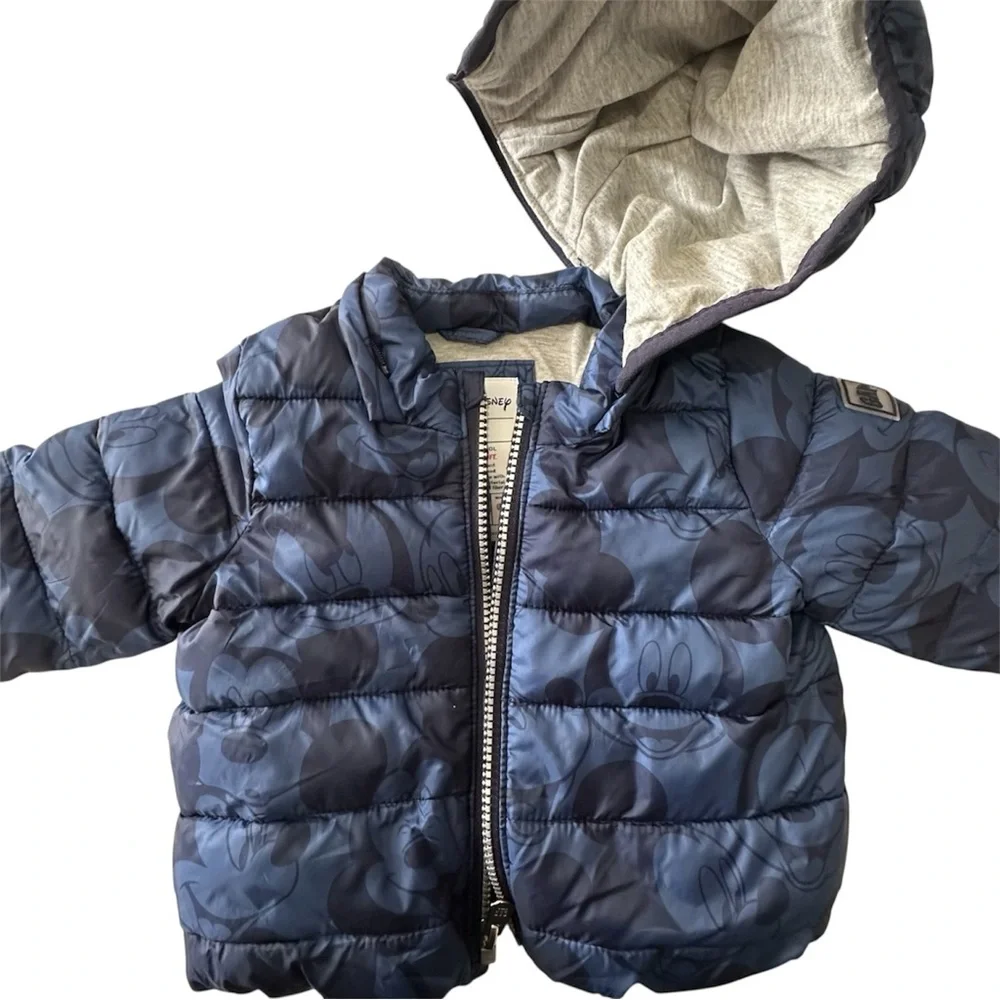 GAP Baby Disney Mickey Mouse Puffer Jacket 6-12M Blue Hooded Coat